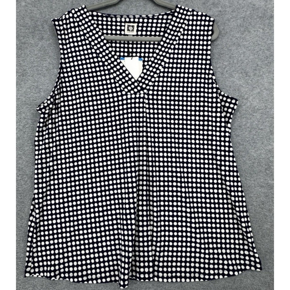 Blue White Polka Dot Sleeveless Blouse XL Jersey Knit Stretch V Neck Anne Klein